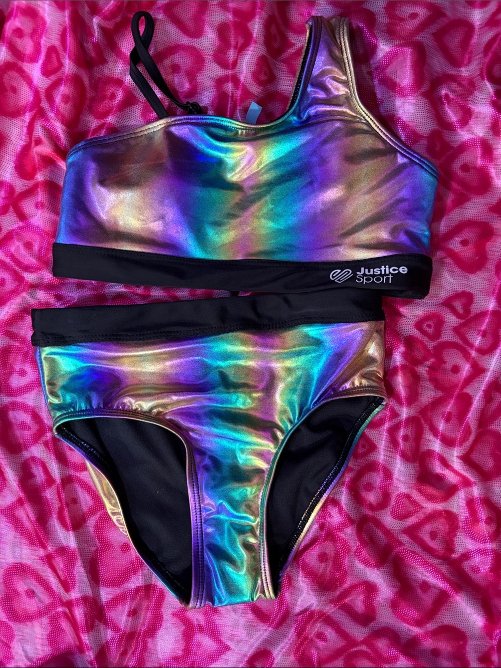 NWOT Justice Sport Holographic Bikini Set Size M 10 Metallic Mermaid